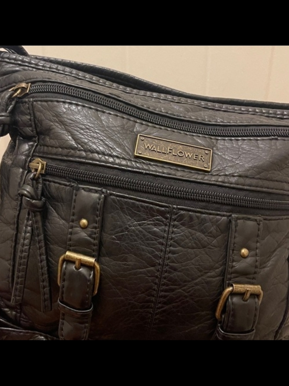 Wallflower Black Faux Leather Crossbody Bag with Front Buckle Pockets - Picture 2 of 6